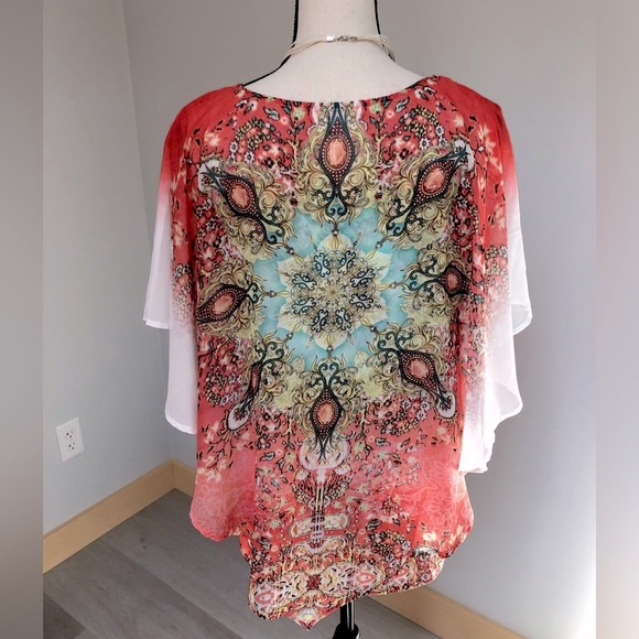 Westport Orange Print Boho Butterfly Sleeve Top Size Large - Picture 4 of 7